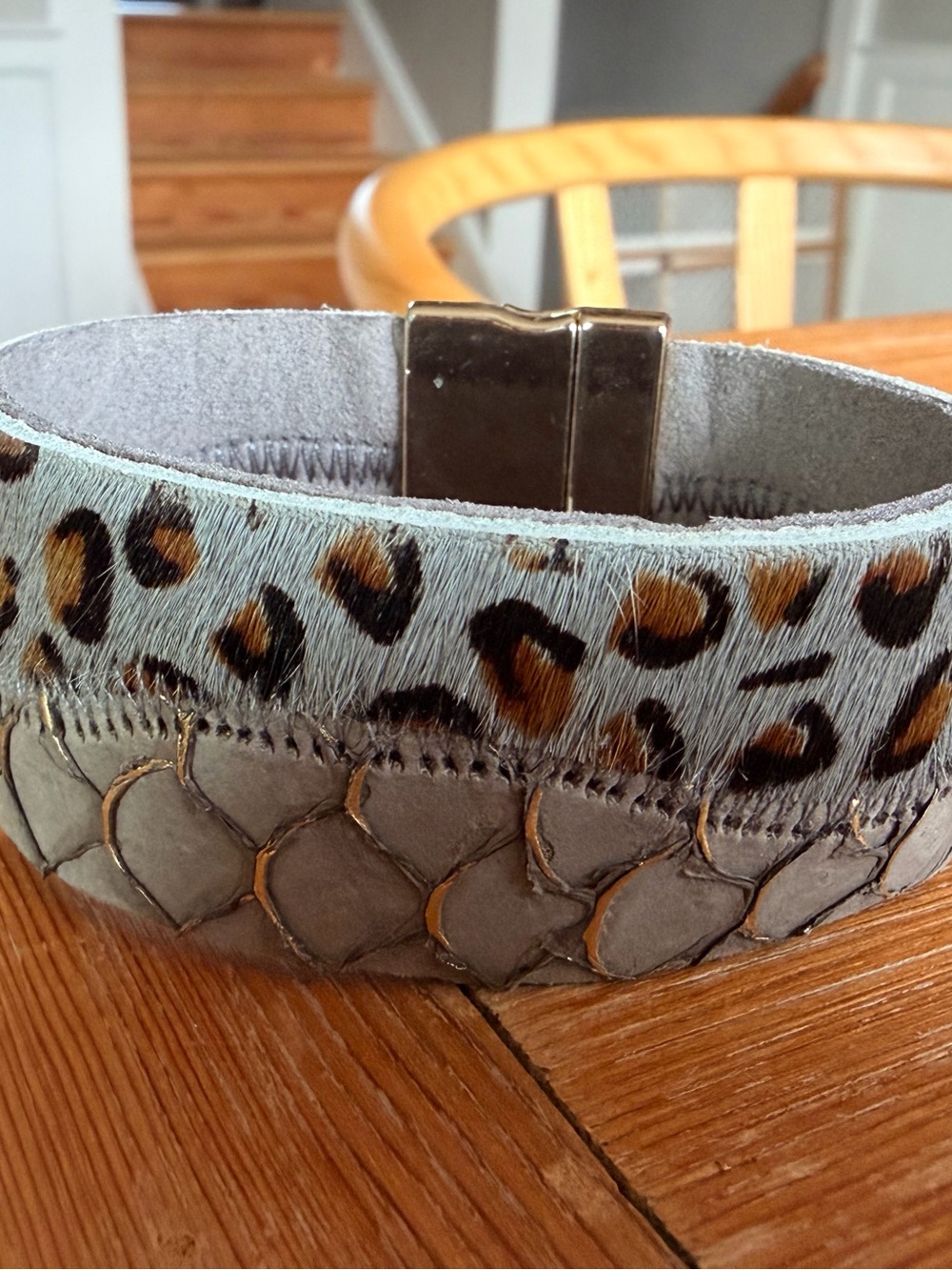 Leopard Print Magnetic Cuff Bracelet - Gray and Brown